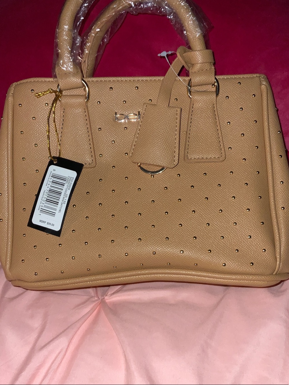 bebe Tan Studded Satchel with Gold Accents